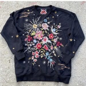 Johnny Was Black Crewneck with Multicolor Embroidery And Pockets Size XS